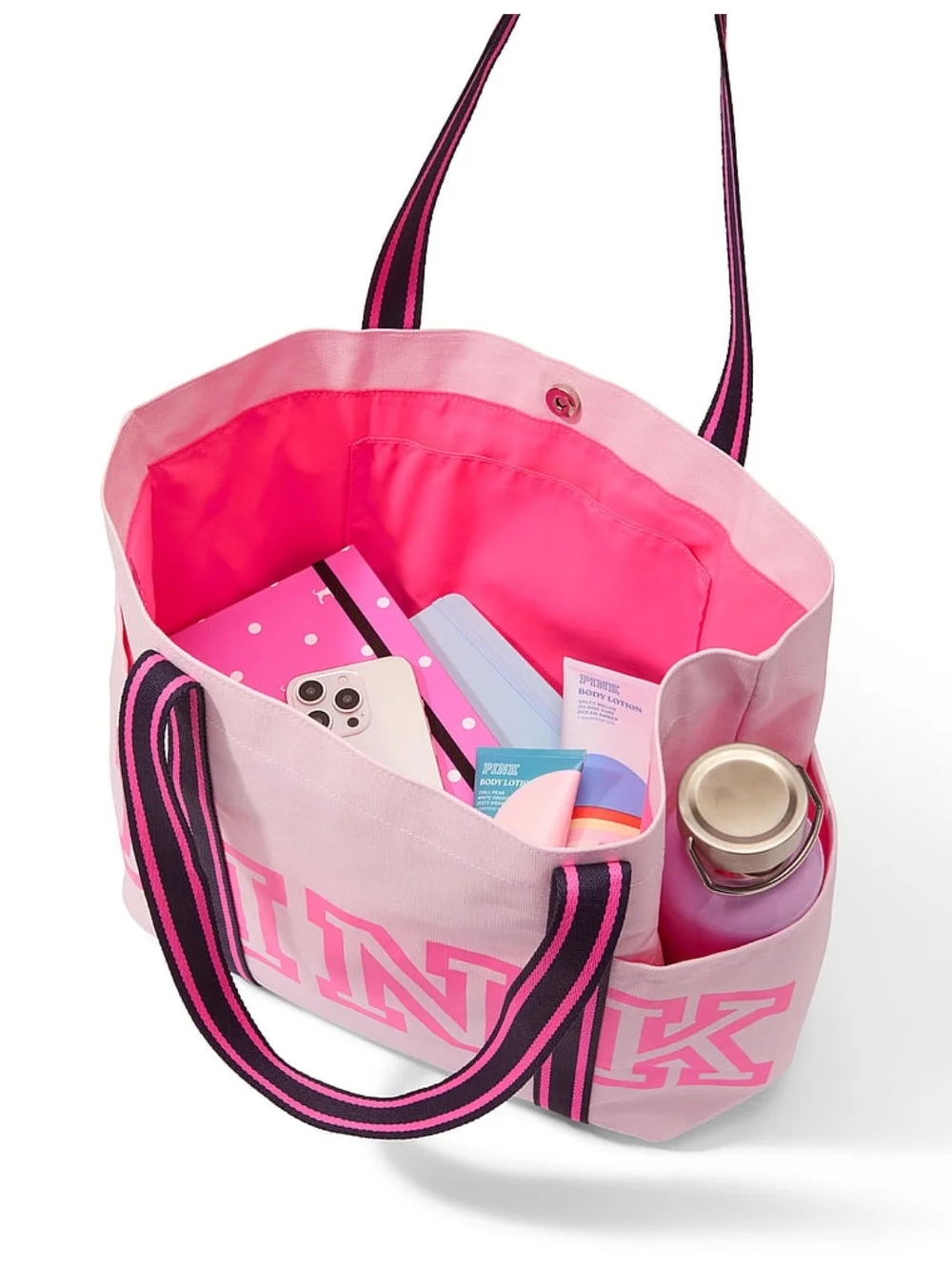 PINK Victoria's Secret Light Pink Canvas Tote with Navy-Striped Handles